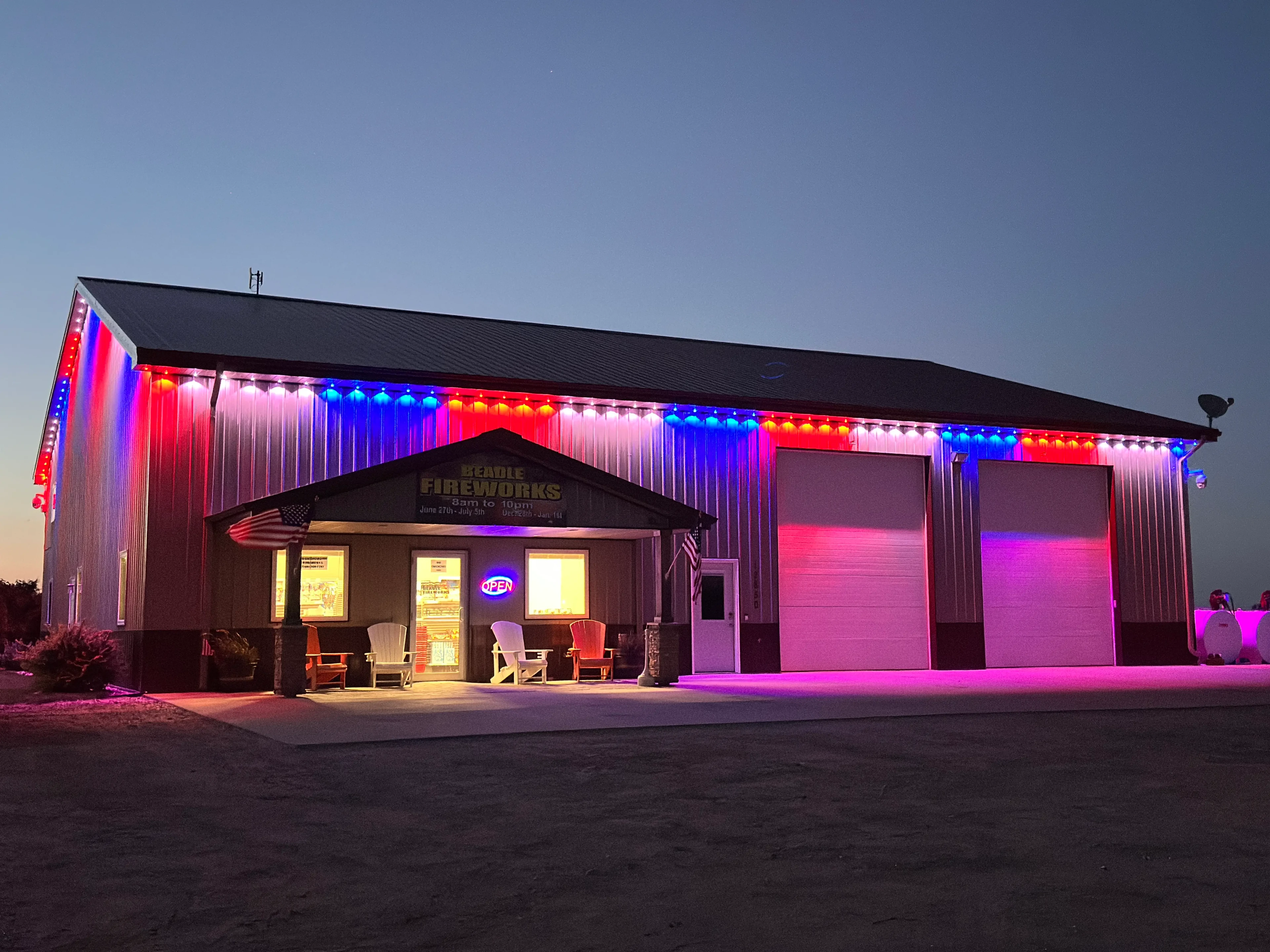 Beadle Fireworks store exterior at night